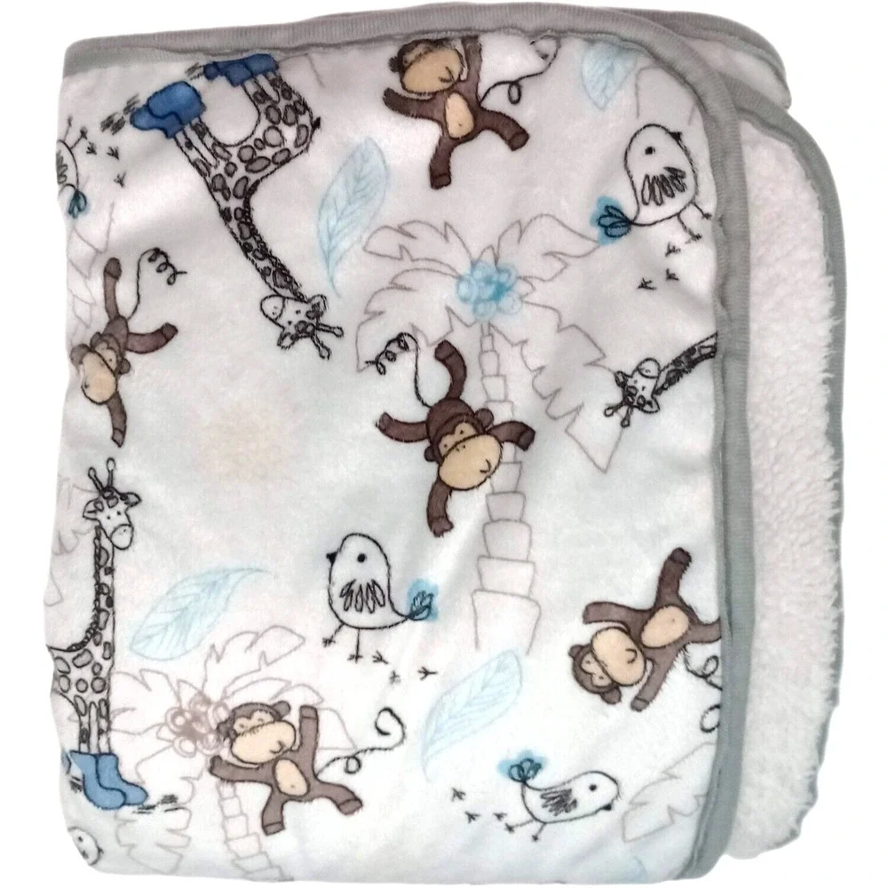 SL Home Fashions White Plush Monkey Bird Giraffe In Boots Baby Blanket RN 119741